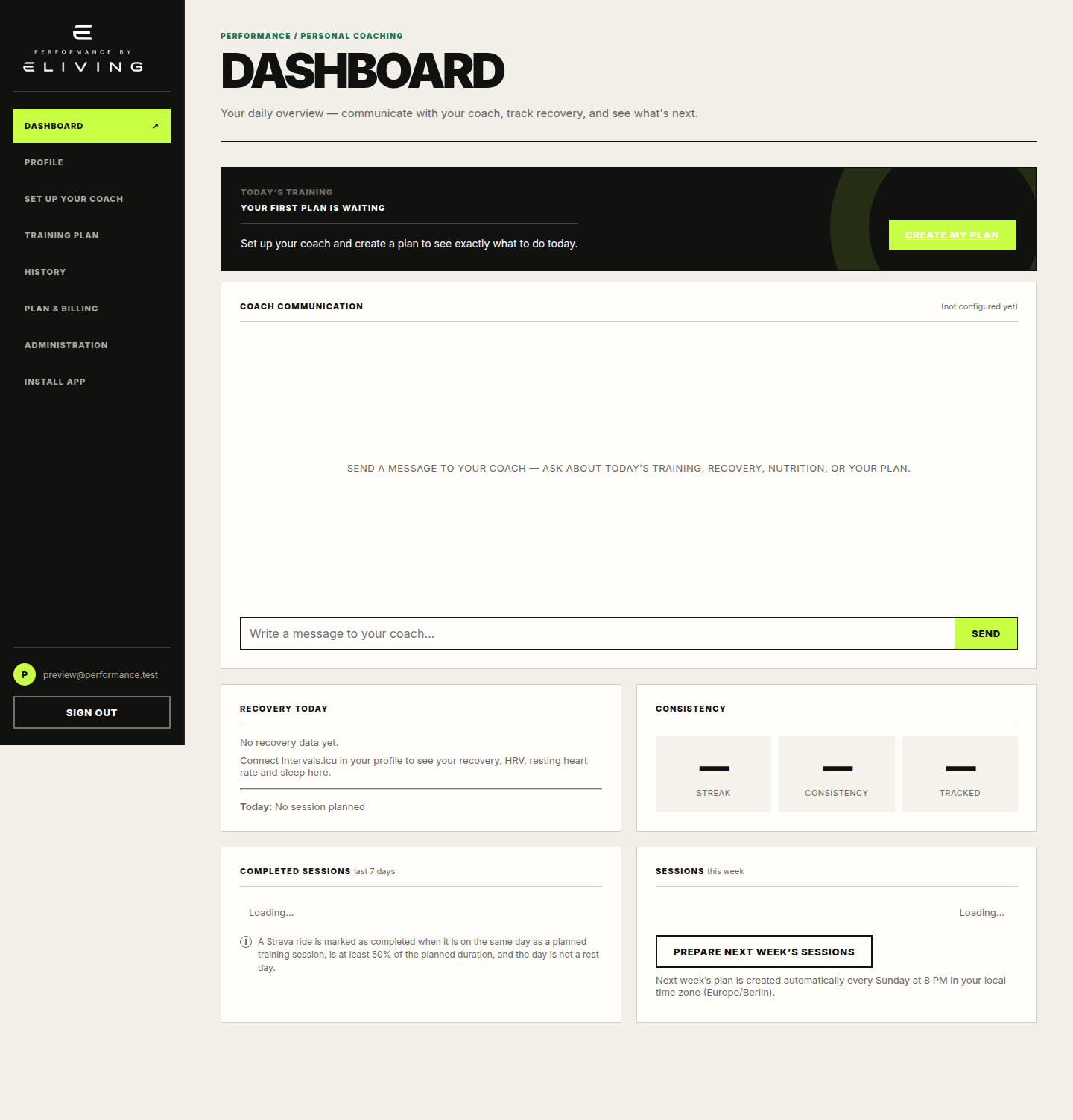 Example Performance dashboard with today's session, recovery score and weekly overview